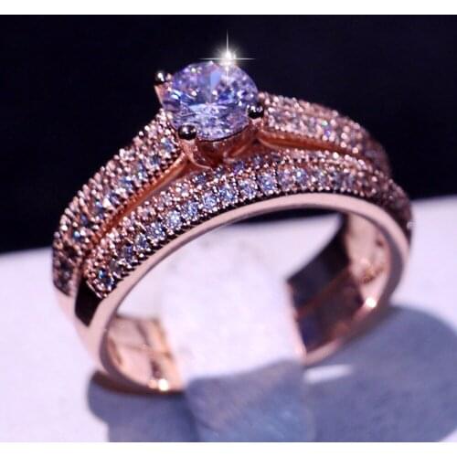 Size 5-10 Victoria Choucong Brand New Luxury Jewelry 925 Sterling Silver&Rose Gold Filled White Clear 5A CZ Bridal Ring Set Gift