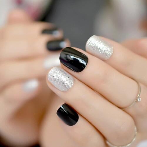 Round Pre-designed Fake Nail Black Silver Glitter UV Gel False Nail Tips for Lady Short Full Wrap Hot Manicure Tools 24Pcs Z866