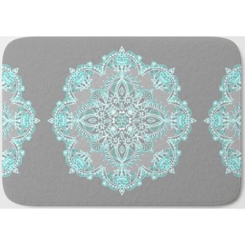 HOT Bathroom Rugs Teal and Aqua Lace Mandala Bath Mat Flannel Absorbent Non Slip Doormat Entrance Door Bath Room Mats Easter