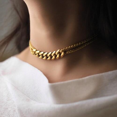 Layered Choker For Women Necklaces Fashion Gold Color Cuban Curb Wheat Link Chain Charm Stainless Steel Chic Jewelry LDN301