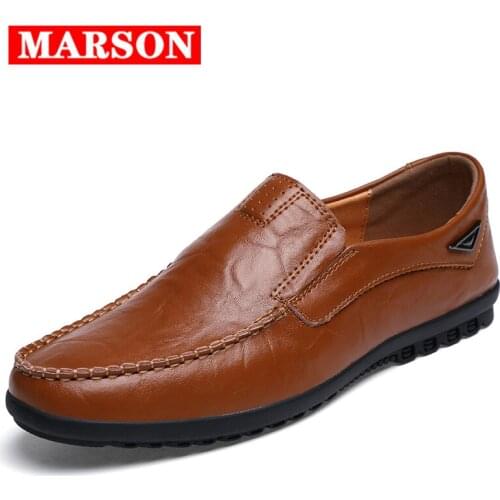 MARSON Mens Leather Casual Shoes Loafers Fashion Men Business Shoes Moccasins Flats Male Breathable Driving Shoes Large Size