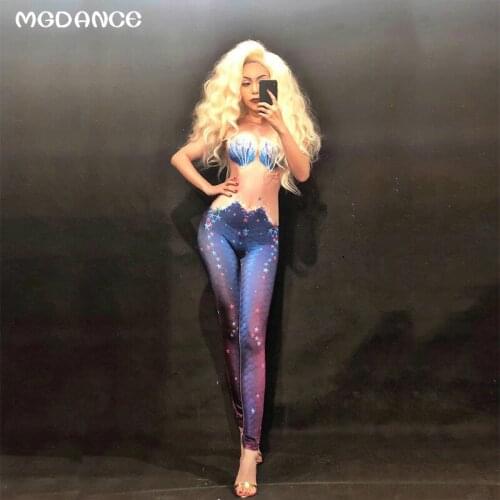 New Sexy Women Birthday Party DS Stage Wear Bright Stones Jeans Printed Jumpsuit Rhinestones Skinny Leggings Nightclub Show