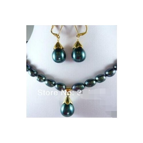 Wholesale Beautiful Genuine black Pearl Necklace Earring Set Jewellery sets