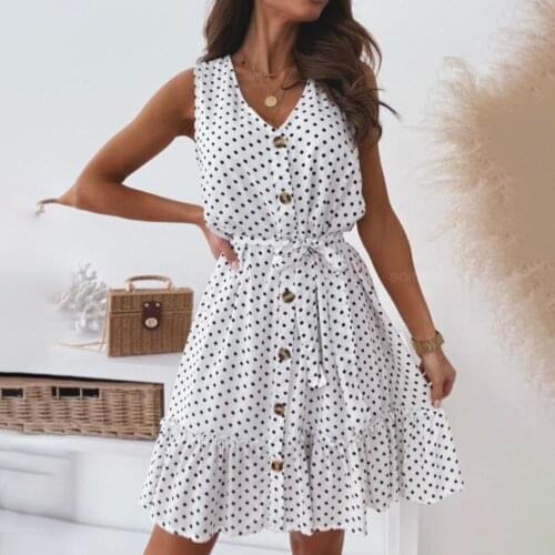 Summer Casual Sleeveless Polka Dot Print Buttons Strappy Vest Ruffle Dresses Elegant Women Clothing White Black Mini Dress