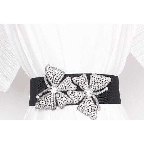 Luxury White Rhinestone Butterfly Waist Belts Women Elegant Ladies Dress Belt Elastic Strech Strap Crystal Butterfly Waistband