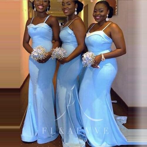 Sexy Sky Blue Spaghetti Straps Mermaid Bridesmaid Dresses Wedding Party Gowns Floor-length Women Occasion Dress Plus Size