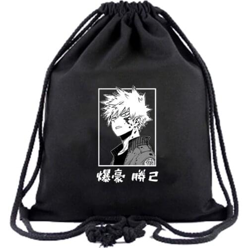 Drawstring Bag Anime My Hero Academia Todoroki Shoto Bakugou Katsuki Japanese Fashion Black Portable Pouch For Boys Girls