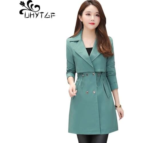 UHYTGF women windbreaker Double-breasted slim thin coat solid color High quality spring autumn trench coat 5XL Plus size top 261