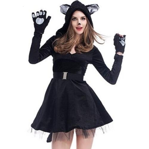 Adult Women Halloween Black Cat Costumes Female Bear Cosplay Winter Animal Pajamas Carnival Purim Stage Role Play Party Dress