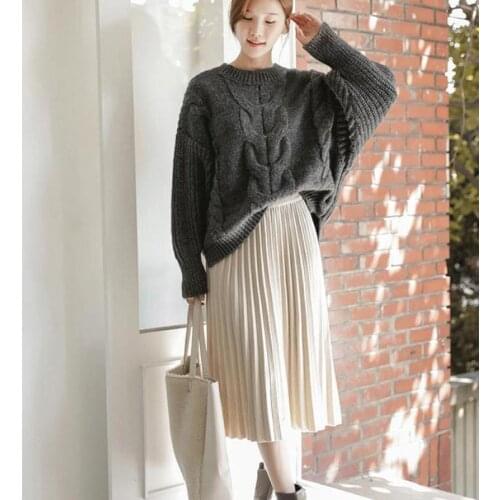 2020 Fall & Winter New Elastic High Waist Stretch Thinner Simple Solid Casual Women A-line Knitted Pleated Skirt Free Shipping