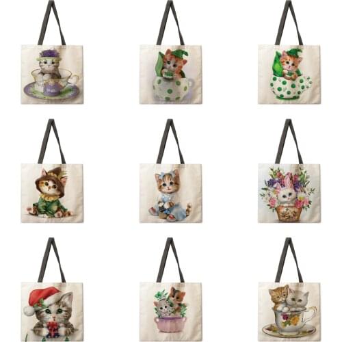 Womens beach bag foldable shoulder bag shopping bag teacup cat print tote bag linen casual tote bag reusable