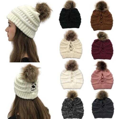 HanXi Winter Hats for Women Pompom Beanie 2020 New Cross Criss Ponytail Hat Girls Warm Ski Cap