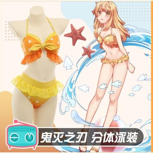 Demon Slayer Cos Swimsuit Agatsuma Zenitsu Cosplay Cute Bikini Split Lace swimwear Female Anime