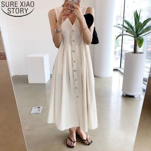 2021 Summer Vintage Single Breasted V-neck Sleeveless Maxi Dresses for Women Dress Summer Temperament Midi Long Dress 14309