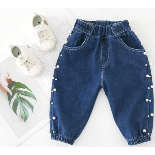 2019 Children Girls Beaded Pearls Casual Jeans Trousers Spring Autumn Baby Long Pants Kids Denim Pant Clothes 1-8age