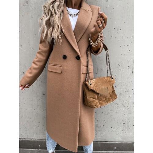 2021 Winter Warm Wool Womens Coat Loose Long Sleeve Solid Khaki Female Windbreaker New Autumn Fashion Elegant Ladies Coats