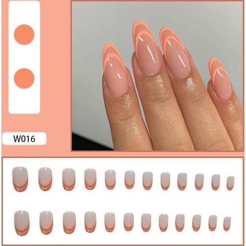 24pcs Orange Lines Printed Nail Patch Round Head Glue Type Removable Long Paragraph Fashion Manicure False Nails Patch SK88