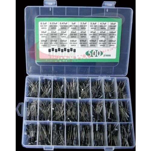 500Pcs/lot diy 0.1UF-1000UF 24Values Aluminum Electrolytic Capacitors 16-50V mix Electrolytic capacitor Assorted kit set box