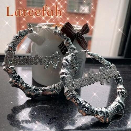 Stainless Steel Bamboo Hoop Earrings Customize Name Earrings Bamboo Style Earring With White diamond for Mothers Day Gift