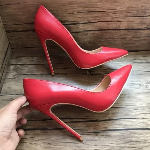 Carpaton Fashion Red Matte Leather High Heel Shoes 2019 Pointed Toe Office Lady Pumps Slip-on Sexy Stiletto Heels 12cm Heels