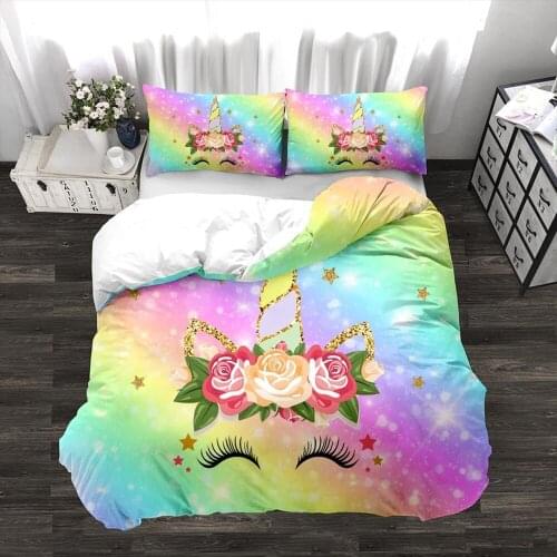 Cute Unicorn Bedding Set Children Baby Cartoon 3D Printing Duvet Cover Set with 2 Pieces Pillowcase Quilt Cover Kids Gifts