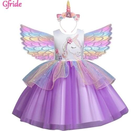 Girls Unicorn Costumes Kids Flowers Tutu disfraz Dress Princess Fancy Birthday Theme Party Clothing Vestidos pink purple blue