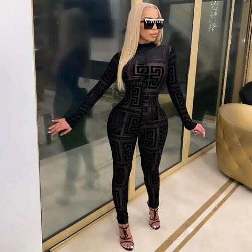 DPSDE 2020 women hot sale fashion sexy club party tyle jumpsuits long sleeve high collar printed zipper jumpsuits long pants