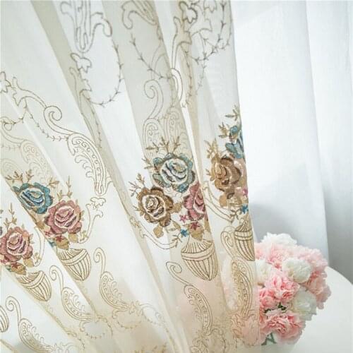 European Luxury Rose Embroidered Tulle Fabric Curtains For Living Room Sheer Curtains Drapes For Bedroom Door Balcony M153#4