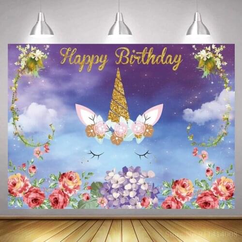 Purple Sky Cloud Unicorn Flowers Baby Girl Birthday Photography Backdrop Eye Closed Unicorn Backgrounds For Cake Table Photo