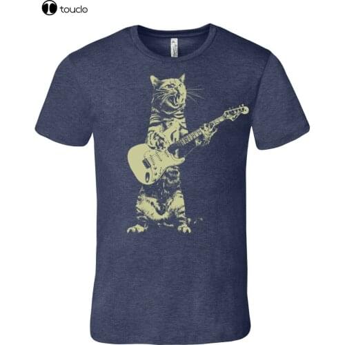 Cat Playing Guitar, MenS Heather Navy Premium Quality Tee T Shirt Tee Shirt