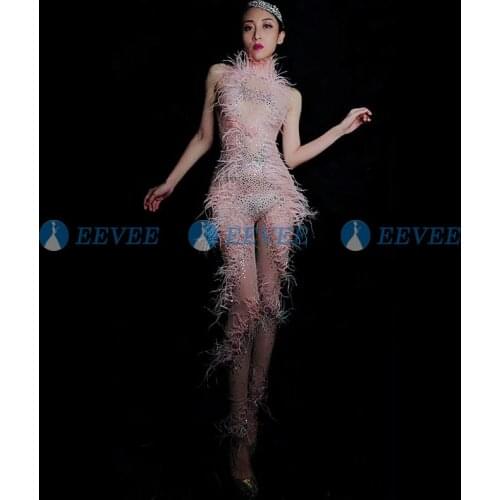 Naked rhinestone jumpsuit sexy feathers Nightclub Party drag queen Bodysuit Stage Wear Dancer Singer Performance Clothing