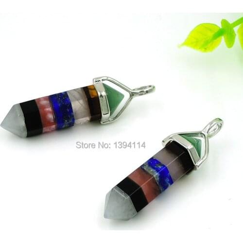 7 Chakra Stones Hexagon Pillar Points Pendants Stones Glued With Copper Caps Of Plating Platina And Gold Approx 40*10 mm