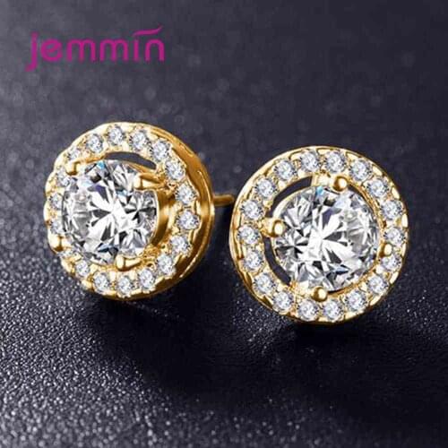 Trendy Round Cubic Zircon Stone Stud Earrings 925 Sterling Silver Clear CZ Crystal Stones Jewelry Women Girl Nice Gift Hot Sale