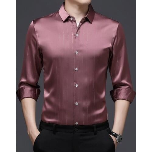 Mens autumn spring high-end luxury business casual long-sleeved shirts men ice silk striped slim-fit shirts formal dress shirts