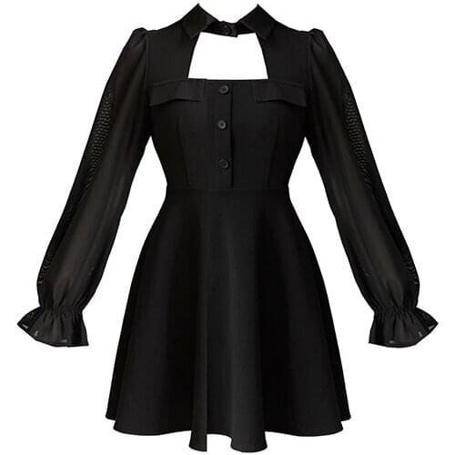 2021 new sexy dress Womenfemale spring and autumn new French waist slimming hollow gauze sleeve long sleeve dating black dress