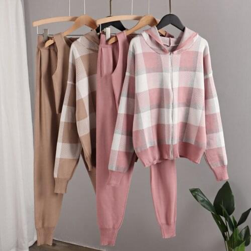 Fall Winter Thick Warm Plaid Tracksuits Women Knitted 3 Piece Set Women Cardigans Sweater + Tank Top + Knit Harem Pants Suits