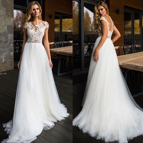 Beach Boho Wedidng Dress 2019 Elegant Lace with Tulle white Ivory Bridal Gown Cap Sleeve illusion A-line Party Robe de mairee