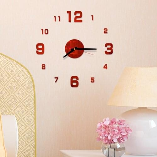Self-Adhesive 3D Wall Clock Mirror Sticker Home Living Room Decorative DIY Acrylic Clock - Red