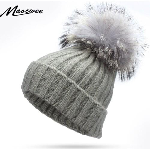 Real Mink Dyeing Fur Pompom Hat Women Winter Caps Knitted Wool Cotton Hats Pom Poms Skullies Beanies Bonnet Girls Female Cap