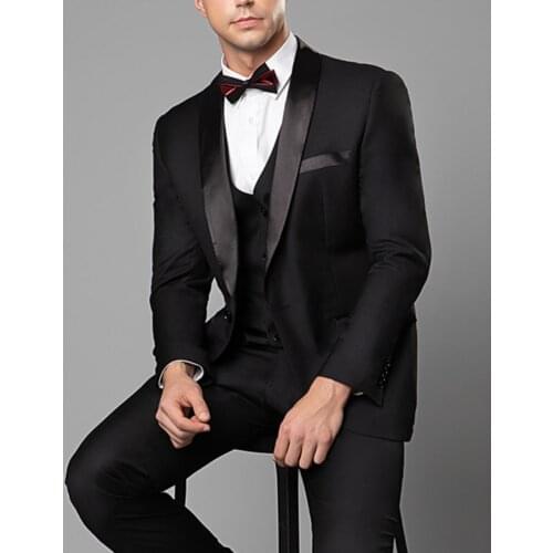 Custom Made Groomsmen Black Groom Tuxedos Shawl Satin Lapel Men Suits 3 Pieces Wedding Best Man ( Jacket+Pants+Vest+Tie ) C804