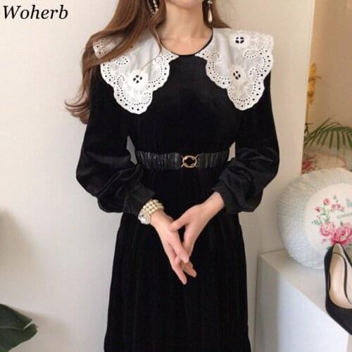 Woherb Elegant Trumpet Dress for Women Lace Peter Pan Collar Robe Vestido Autumn Long Sleeve Vintage Black Velvet Belt Dresses