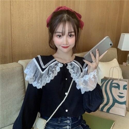 Japanese Autumn Sweet Soft Girly Blouse Shirt Kawaii Lace Peter Pan Collar Shirt Vintage Petal Full Sleeve Loose Shirt Blusas