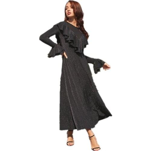 Bright Silk Skirt European Womens 2021 Spring And Summer Fashion New Round Neck Long-Sleeved Sexy Night Shop Dress Street Dress