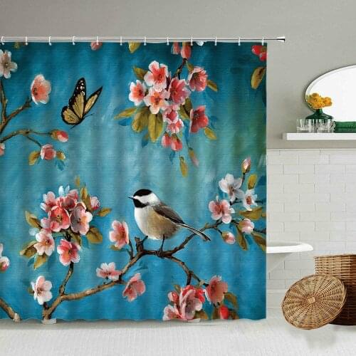 Chinese Style Peach Blossom Butterfly Bird Branch Plant Shower Curtain Blue Background Oil Painting Bathroom Waterproof Screen