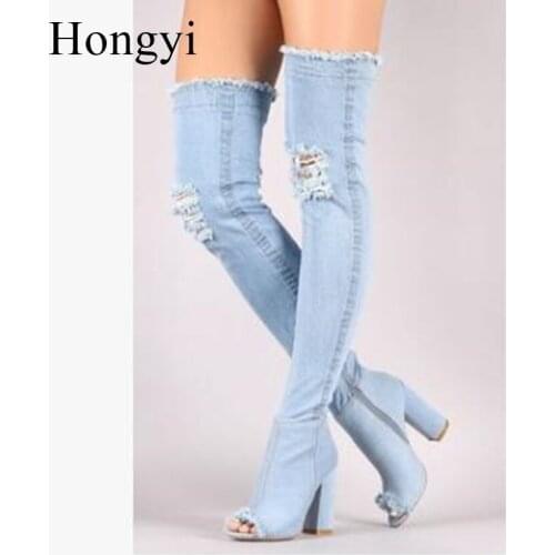 Hongyi Runway denim blue over the knee boots sexy open toe high heel boots woman Ripped jeans thigh high booty