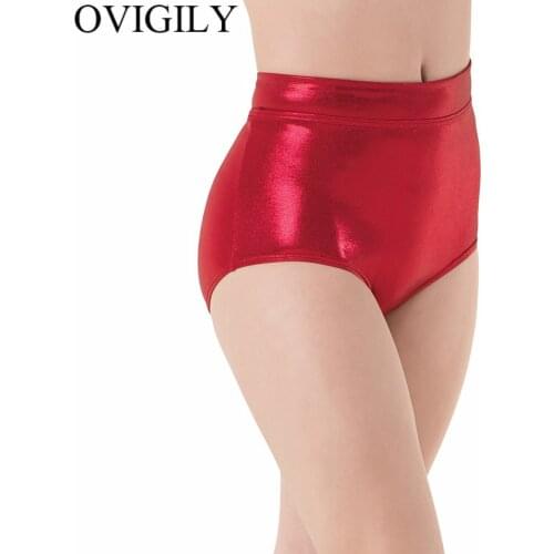 OVIGILY Women Metallic Cheer Booty Dance Shorts Girls Mid Waist Gymnastics Shorts Red Underpants Shiny Stage Performance Bottoms