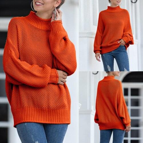 Women Solid Color Long Sleeve Turtle Neck Loose Knitted Sweater Jumpers Pullover 2020 new turtle neck Loose knit sweater