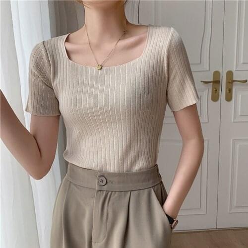 Knit Pullover Sweaters 2021 Summer Short Sleeve Korean Sweater Women Knitted Square Collar Pullover Women Basic White Sweater