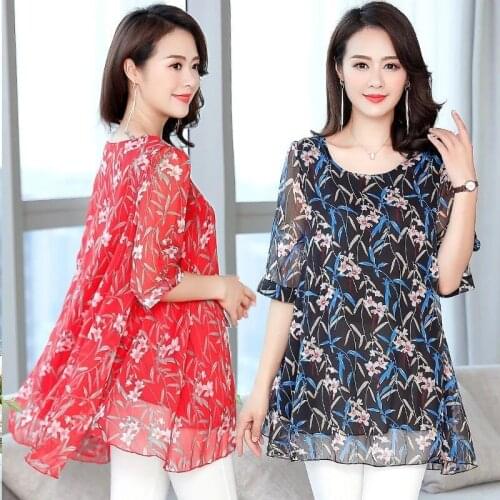 2021 New Summer Middle Aaged Women Flower Print Casual Chiffon Blouse Tops Female Fashion Short Sleeve Plus Size 6xl Shirt Y501