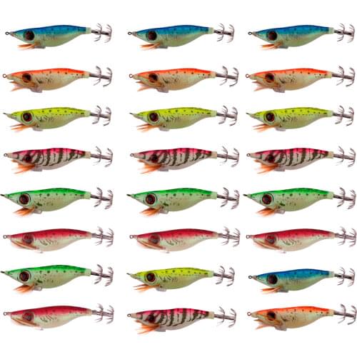 24Pcs Fishing Squids Jigs Shrimp Hard Lures Octopus Cuttlefish Artificial Sharp Hooks 10.1cm 12g